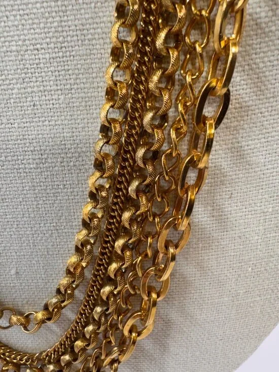 Vintage Gold Tone Heavy Multi 5 Strand Chain Necklace Statement Layered Runway - Picture 3 of 9